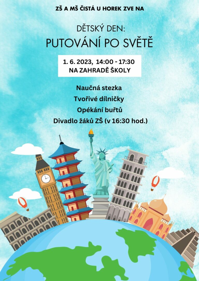 Pozvánka na dětský den na téma „Putování po světě“. Těšíme se na vás ve čtvrtek 1. června 2023 na zahradě školy