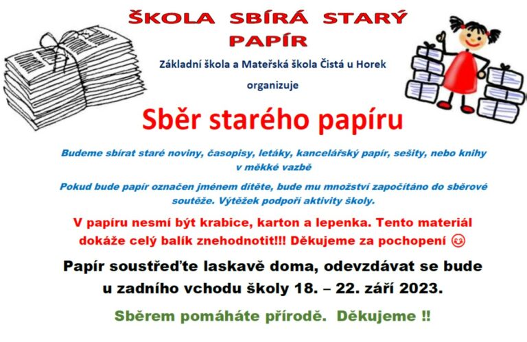 Podzimní sběr papíru proběhne 18. – 22. září 2023 u zadního vchodu školy