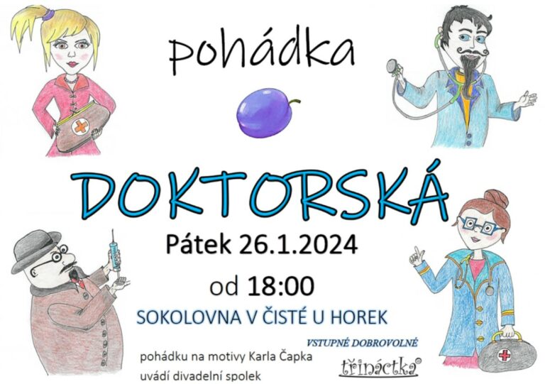 Divadelní spolek Třináctka zve na Doktorskou pohádku: ? v pátek 26.1. 2024 od 18:00 v sokolovně v Čisté u Horek