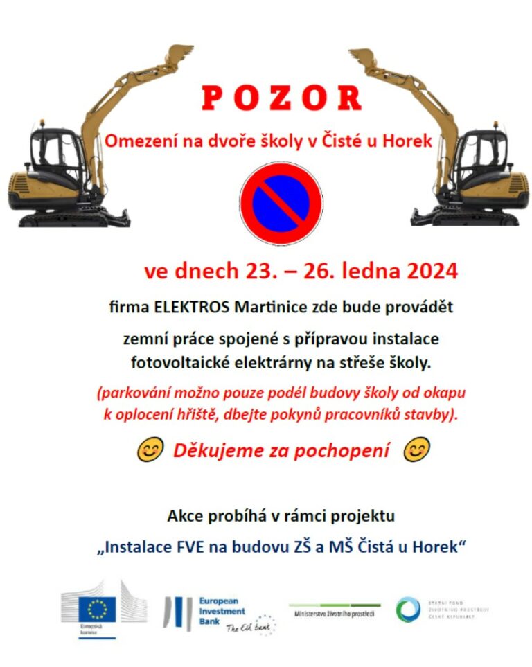 ⚠️ Omezení parkování na dvoře školy ve dnech 23. – 26. ledna 2024