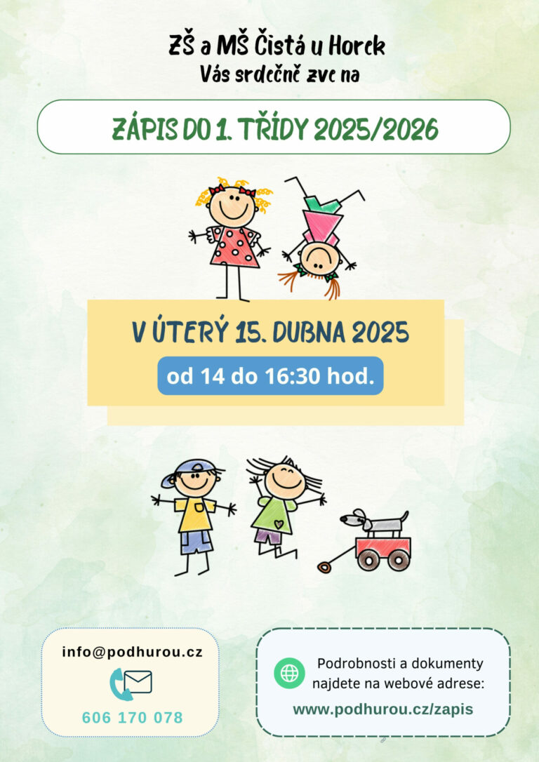ℹ️ Zápis do 1. ročníku ZŠ 2025/2026, úterý 15.4.2025 14.00 – 16.30 hod