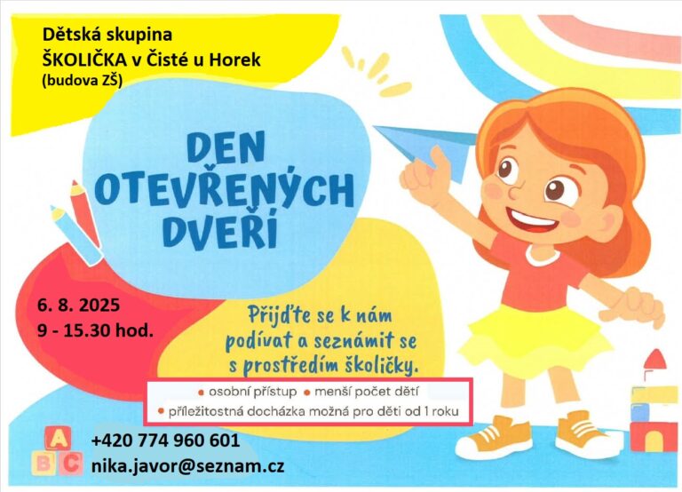 Zveme Vás na Den otevřených dveří v dětské skupině Školička v Čisté u Horek (středa 6. 8. 2025)