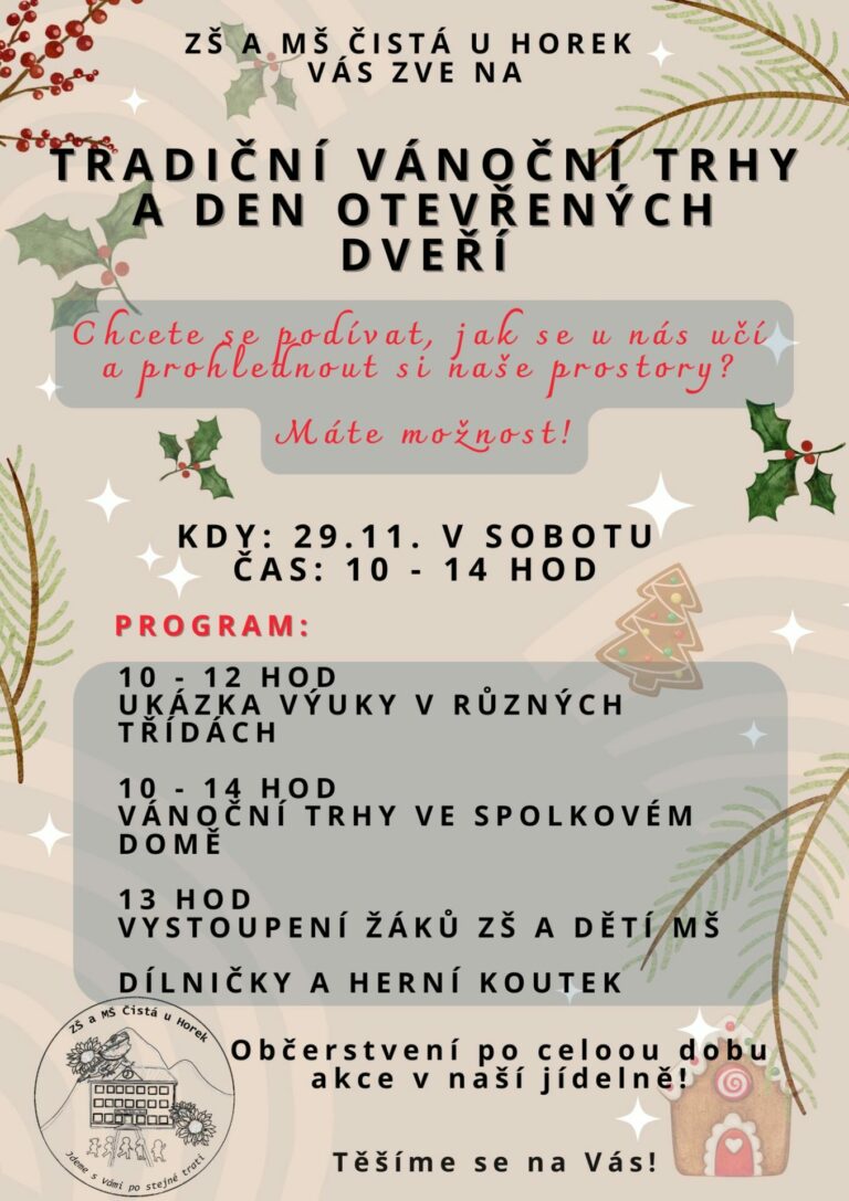 Vánoční trhy a den otevřených dveří. Zveme Vás v sobotu 29. listopadu v 10 – 14 hodin. ✨