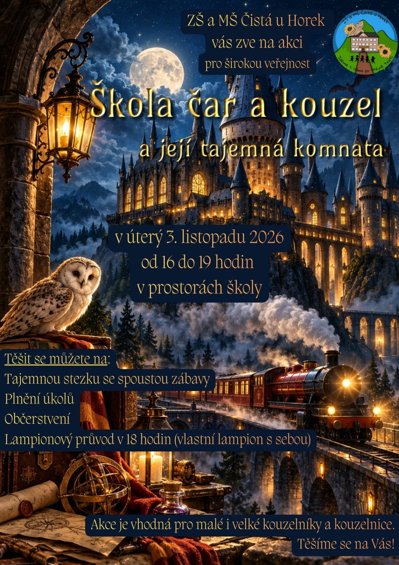 Pozvánka na akci Škola čar a kouzel a její tajemná komnata (úterý 3. listopadu 2026) 🪄🦉✨